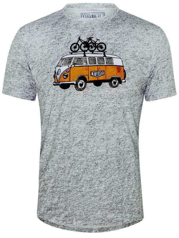 Grey cycling t-shirt with vintage van graphic carrying bikes, ideal for men's and women's bike adventures