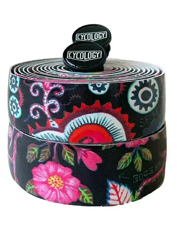 Cycology floral and gear pattern bike handlebar tape with branded end plugs