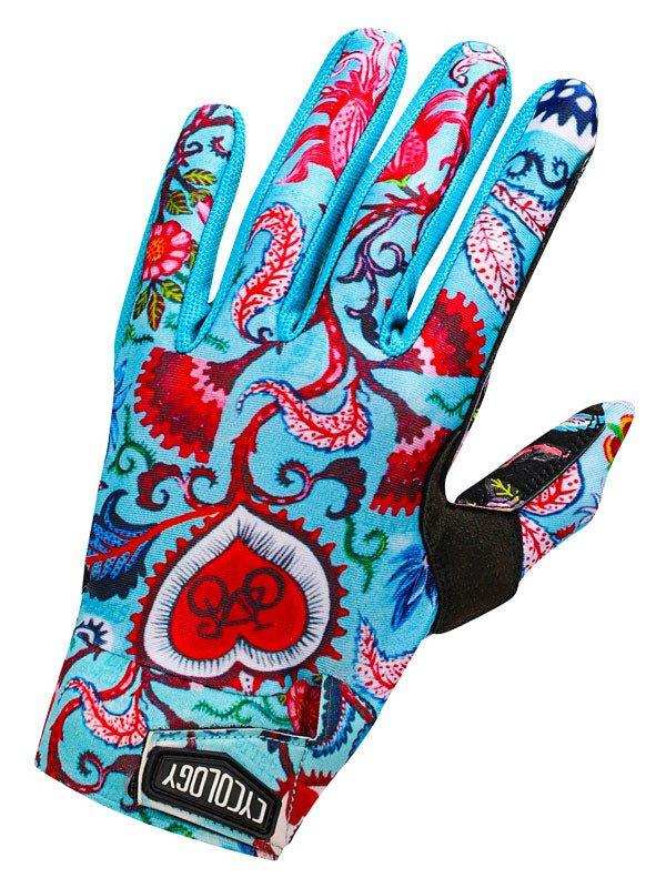 Cycology women's cycling glove with vibrant floral and paisley print, padded palm, and breathable design