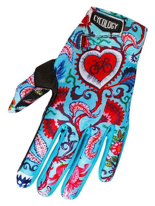 Colorful cycling glove with heart and bike design, breathable fabric, perfect for road or mountain biking