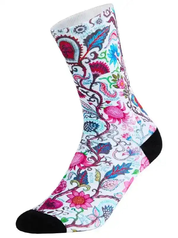 Colorful floral pattern cycling socks with black toe and heel, ideal for men and women riders