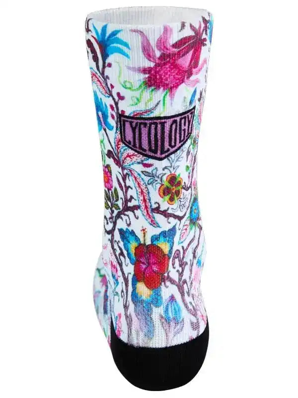 Colorful floral cycling socks with vibrant patterns and black toe, ideal for men's and women's bike rides