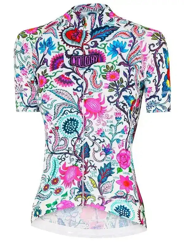 Women's cycling jersey with vibrant floral and paisley print, featuring 'Ride to Live' text and full zipper.