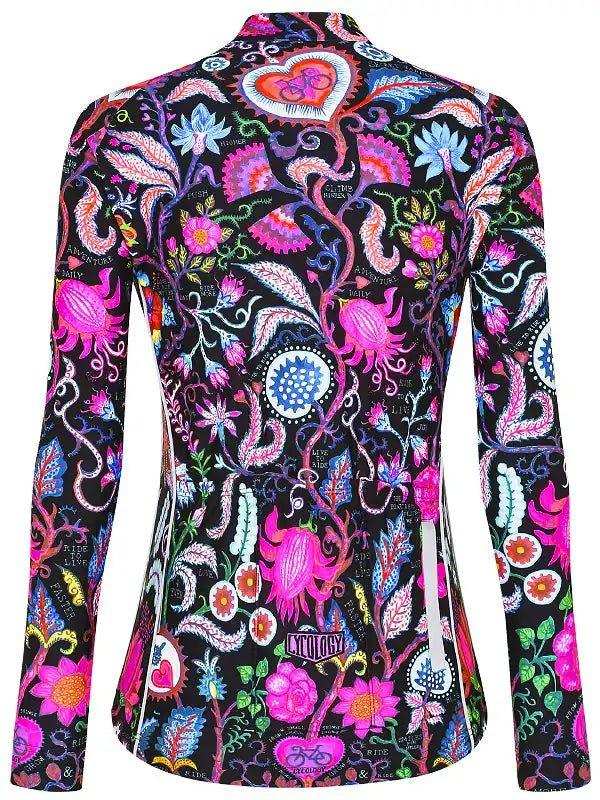 Women's cycling jersey with vibrant floral and heart pattern, long sleeves, black base