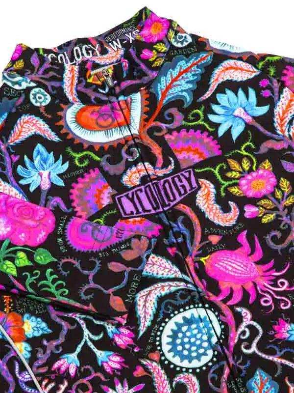 Vibrant floral and paisley cycling jersey with bold colors and 'CYCOLOGY' branding