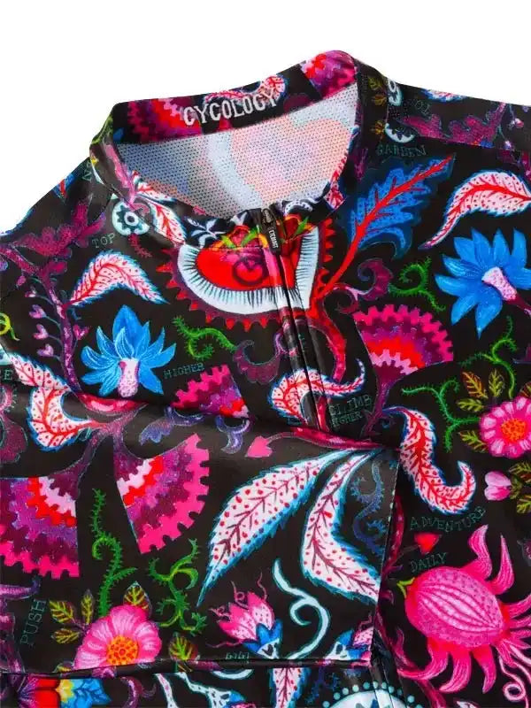 Vibrant floral and gear pattern cycling jersey with full zip, ideal for men's and women's rides