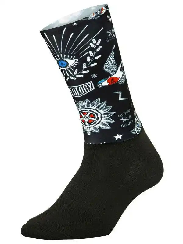 Black cycling sock with bold tattoo-style graphics, eye, skull, and stars design for men and women