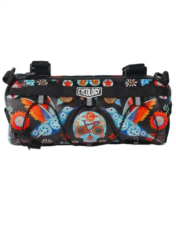 Cycology bike frame bag with colorful floral and bicycle print, ideal for cycling gear storage