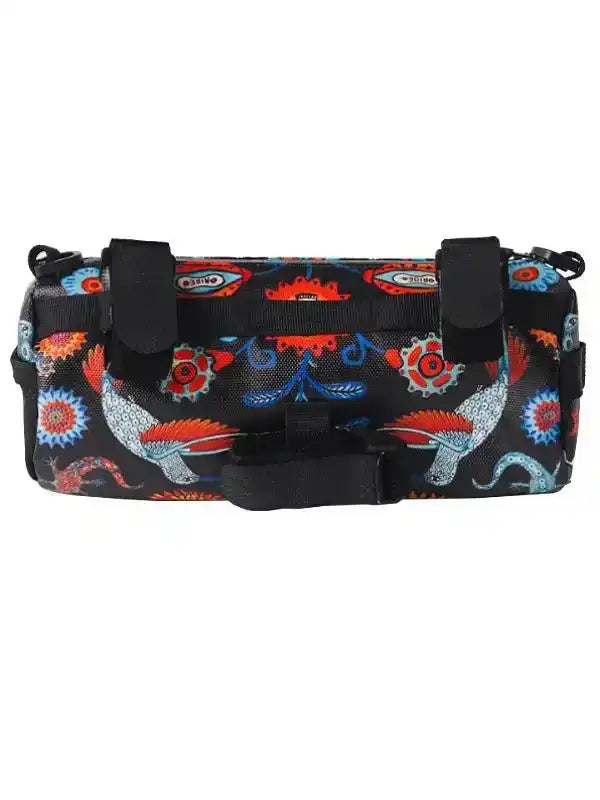 Colorful patterned cycling frame bag with black straps, ideal for bike rides and outdoor adventures.