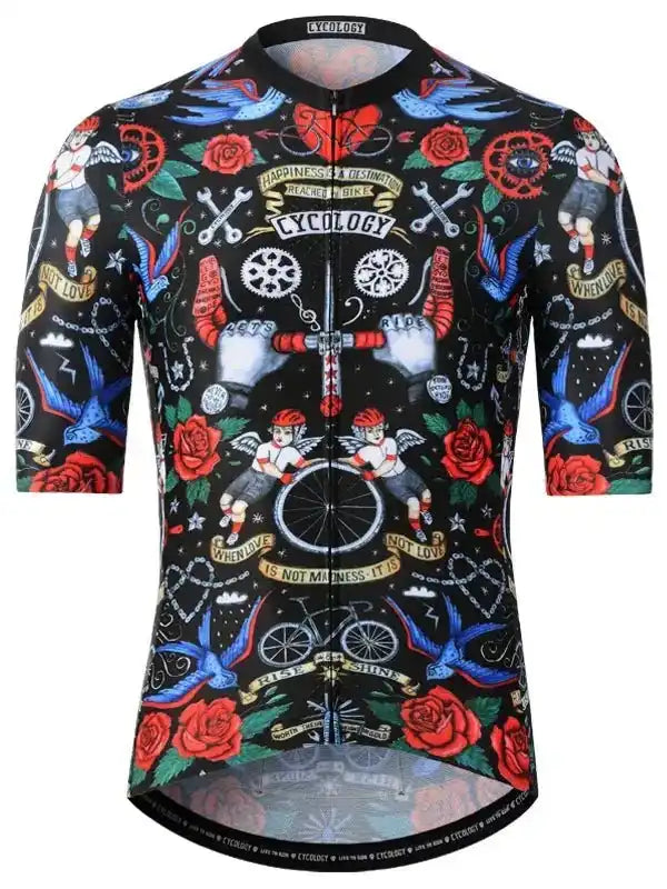 Men's cycling jersey with bold tattoo-style print, roses, birds, and bike motifs on black fabric