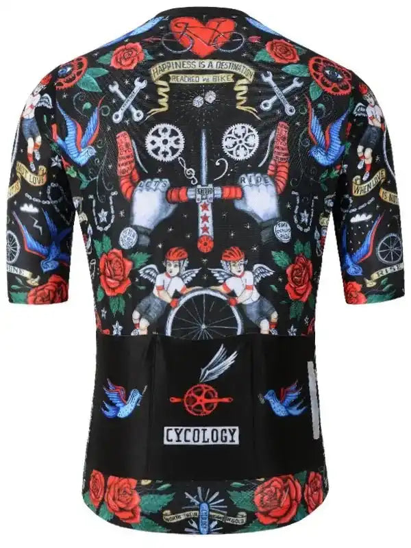 Men's cycling jersey with tattoo-style roses, birds, and bike graphics, featuring 'Happiness is a destination' text and rear pockets.