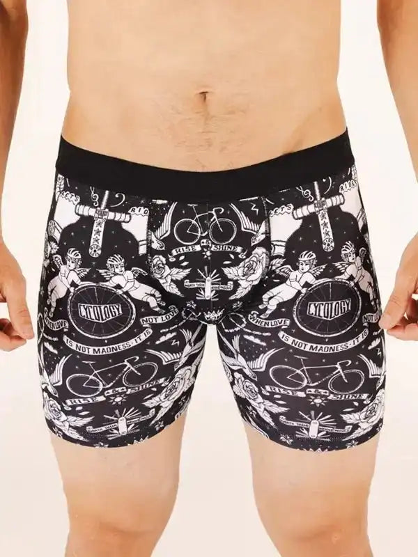 Men's cycling-themed boxer briefs with tattoo-style bike and angel print, black waistband