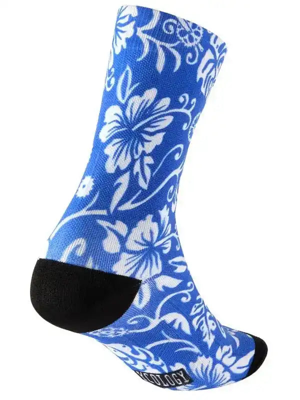 Blue cycling sock with white floral pattern, black toe and heel, ideal for men's and women's bike rides