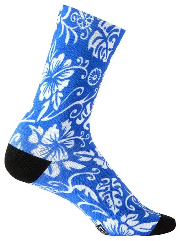 Blue cycling sock with white floral pattern, black toe and heel, breathable fabric for comfort