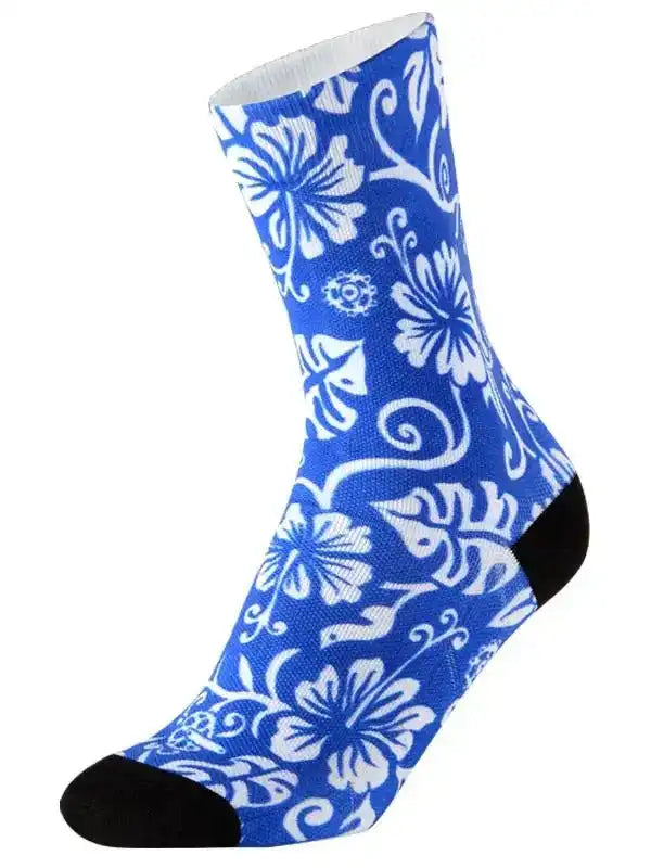 Blue cycling socks with white hibiscus floral pattern, black toe and heel, breathable fabric design