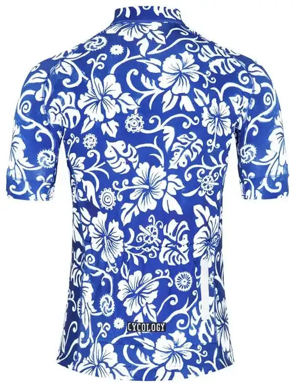 Blue cycling jersey with white floral pattern, short sleeves, and brand logo on back
