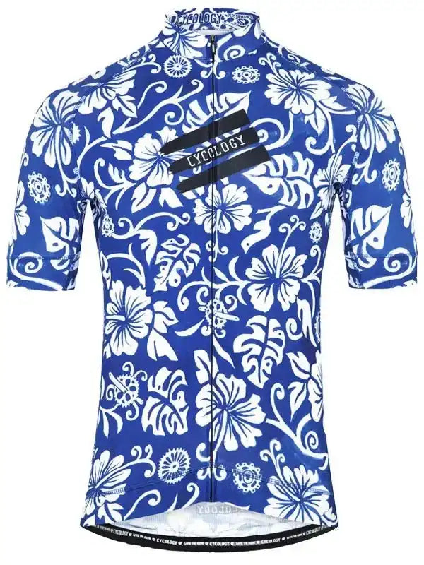 Blue and white floral cycling jersey with short sleeves and full zip, featuring bold tropical print design.