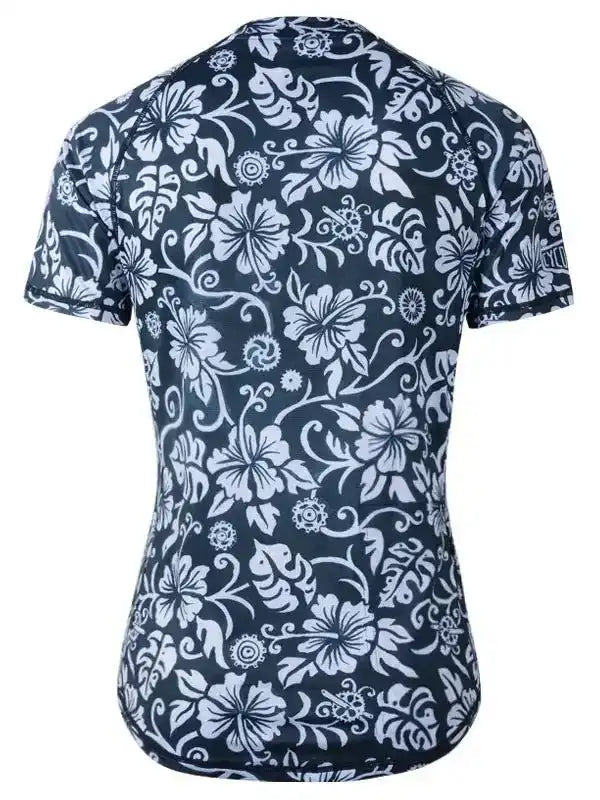 Women's navy cycling jersey with white floral pattern, short sleeves, performance fabric