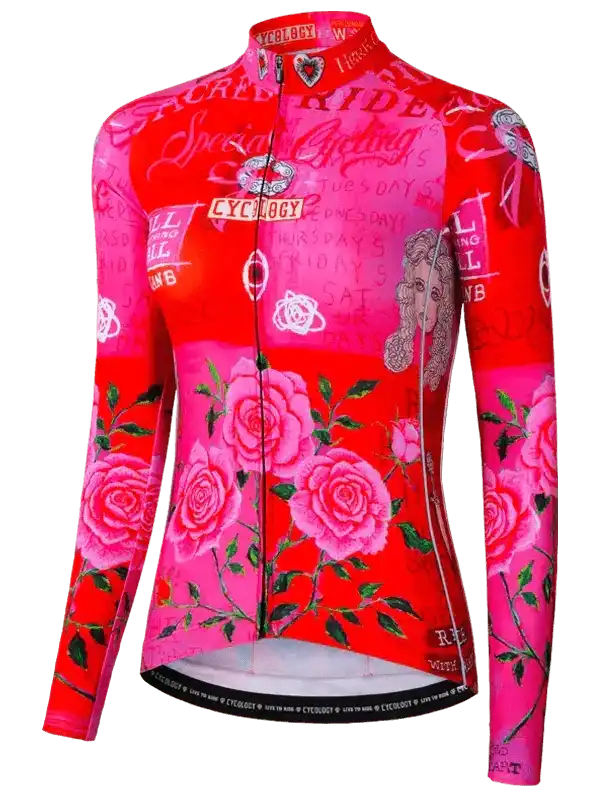 Women's long sleeve cycling jersey with pink roses and graphic print, ideal for road biking