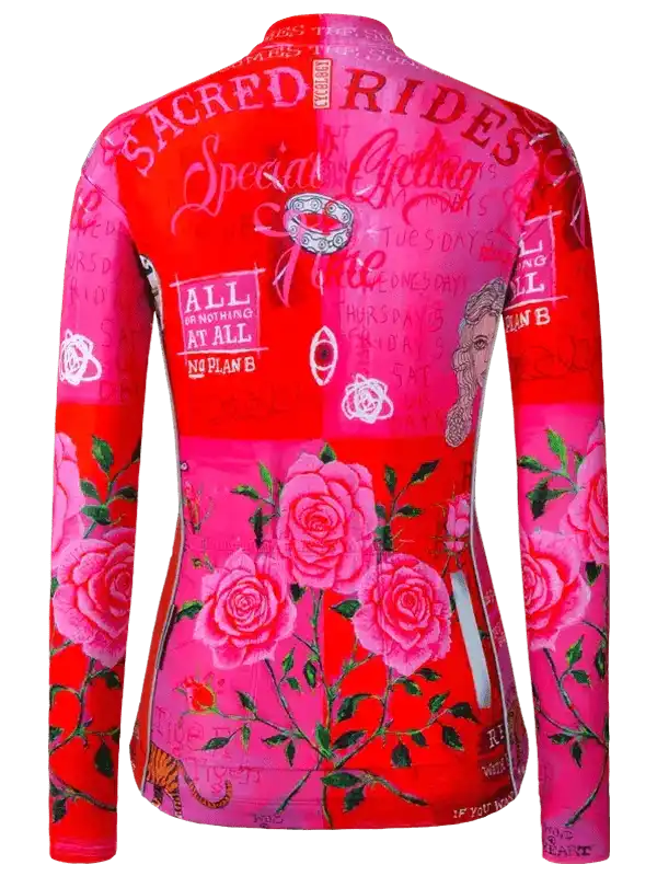 Women's long sleeve cycling jersey with pink roses and bold graphic text design