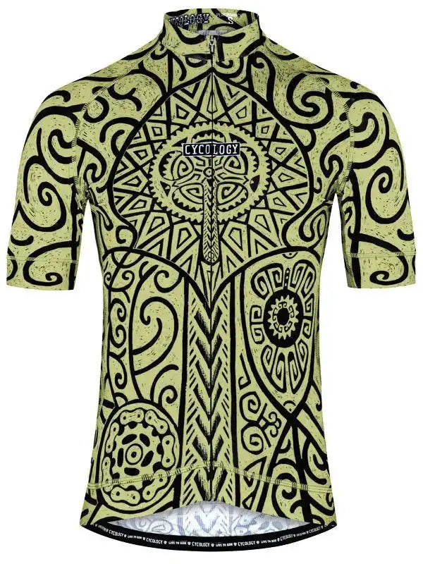 Men's cycling jersey with intricate black tribal pattern on lime green, featuring zipper and reflective hem