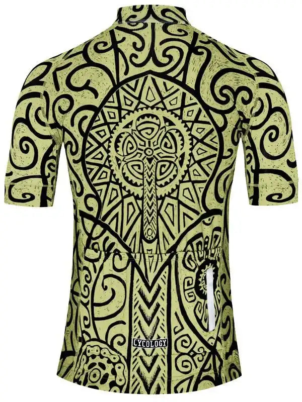 Men's cycling jersey with bold tribal patterns and gear design, ideal for road biking adventures.