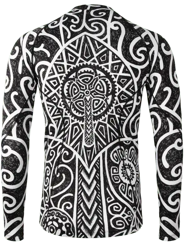 Men's long sleeve cycling jersey with bold black and white tribal gear pattern design
