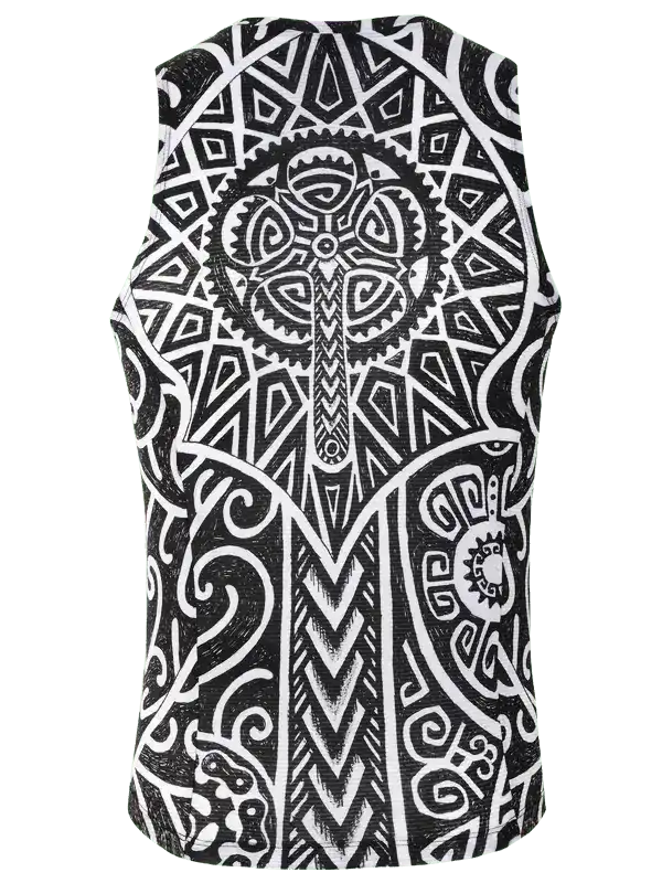 Men's black and white geometric cycling vest with tribal gear design, ideal for road biking