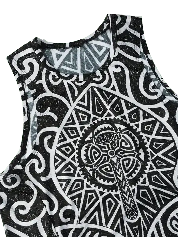 Black and white geometric cycling tank top with bold tribal patterns and gear design