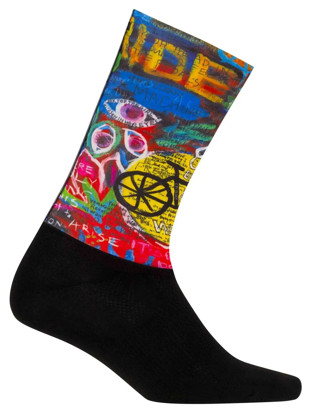 Colorful cycling sock with bike graphic and bold text design for men and women