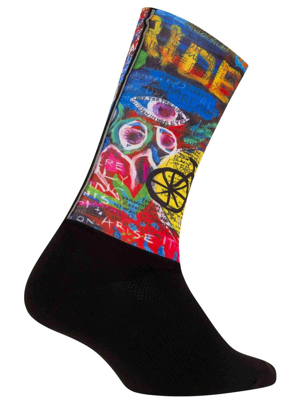 Colorful cycling sock with graffiti art, bike wheel, and bold text design for men and women