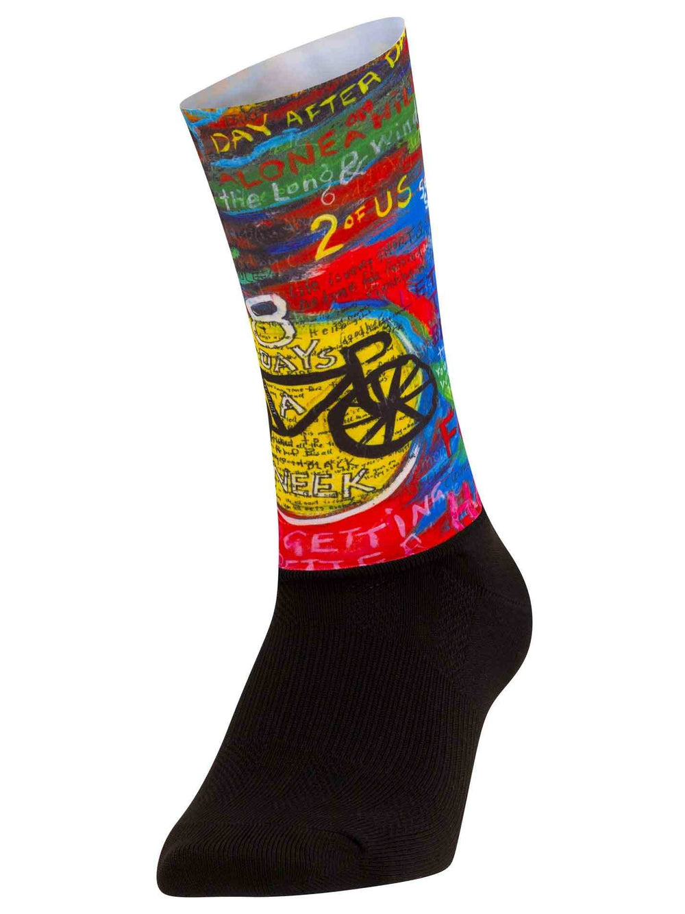 Colorful cycling sock with bike graphic and text, black foot, vibrant design for cyclists