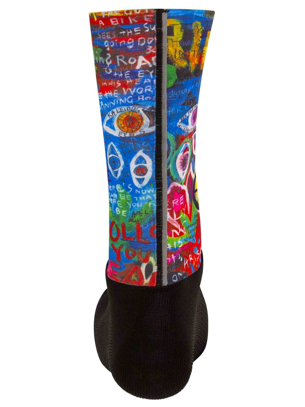 Colorful cycling sock with vibrant graffiti art, bold text, and reflective stripe for road safety