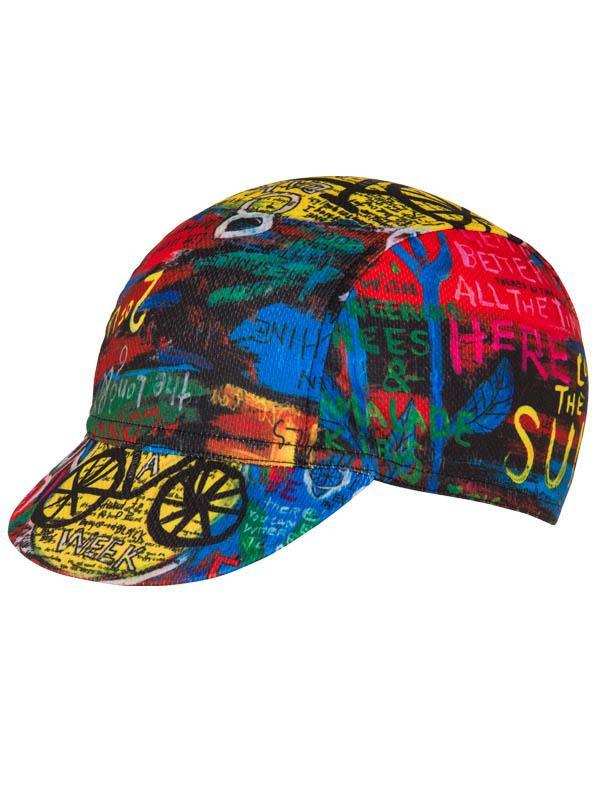 Colorful cycling cap with graffiti-style print, bike graphics, and bold text for men and women riders
