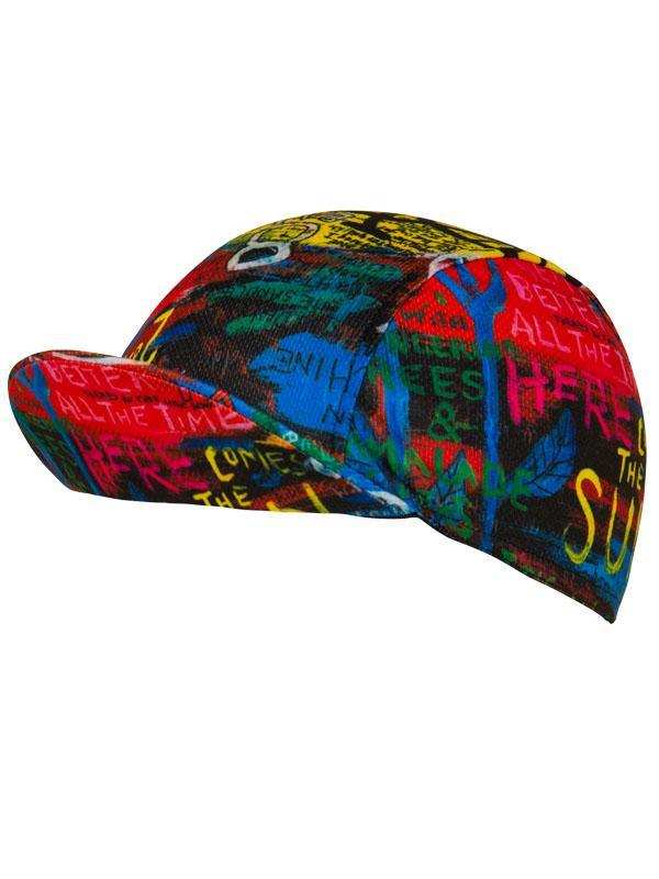 Colorful cycling cap with graffiti-style text design, perfect for bike rides and outdoor adventures.