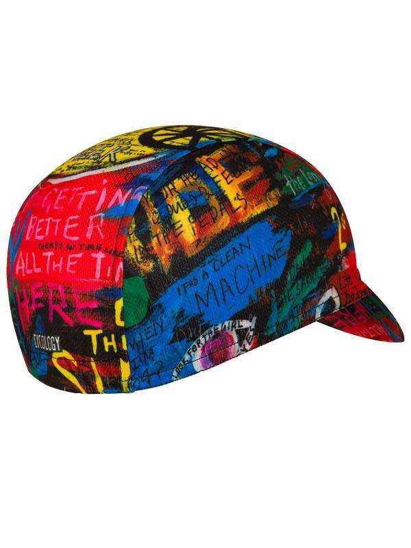 Colorful cycling cap with graffiti-style text and bold designs for men and women