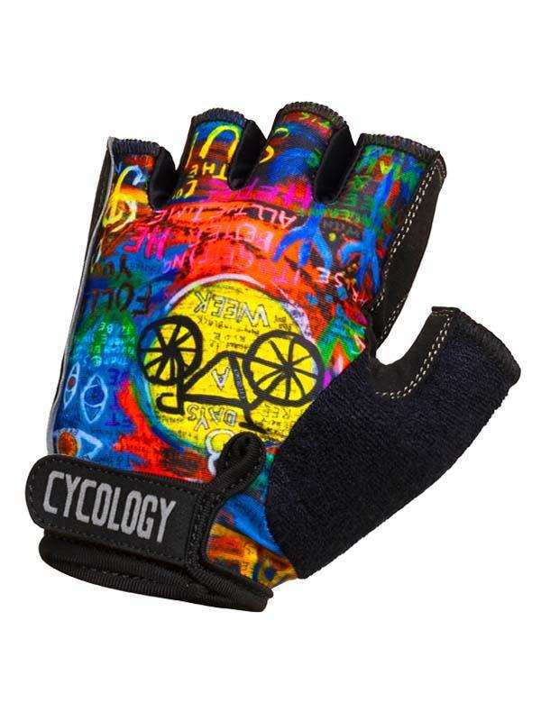 Colorful cycling glove with graffiti-style bike graphic and 'CYCOLOGY' wrist strap, ideal for men's and women's rides.