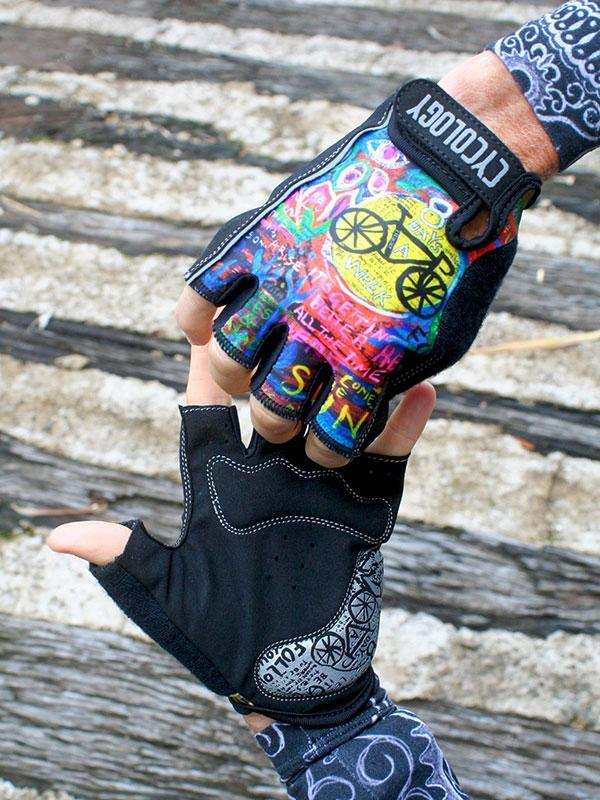 Colorful cycling gloves with bike graphics, fingerless design, and padded palms for comfort