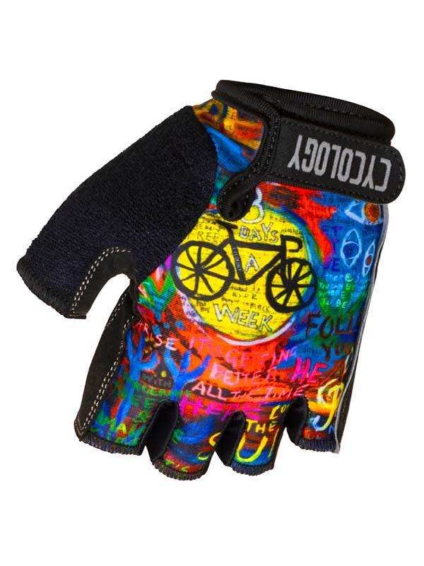 Colorful cycling glove with bike graphic and '7 Days a Week' text, fingerless design for men and women