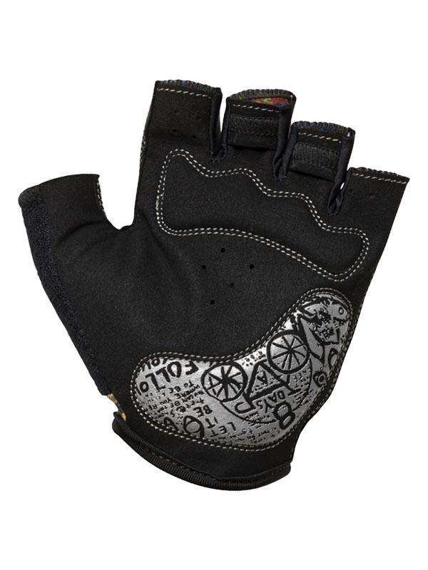Black fingerless cycling glove with silver bike graphic, breathable fabric, and padded palm for comfort.