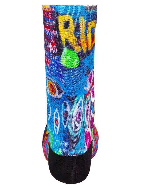 Colorful cycling sock with bold 'RIDE' graphic, graffiti-style design, and vibrant patterns for men and women.
