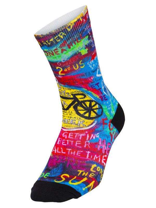Colorful cycling sock with bike graphic and motivational text, perfect for road or mountain biking.