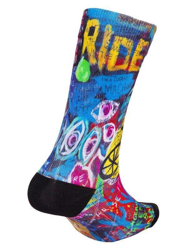 Colorful cycling sock with bold 'RIDE' graphic, graffiti-style design, and black toe/heel for men's and women's bike rides.