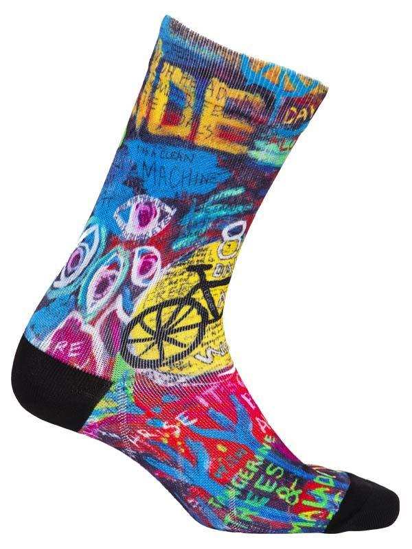 Colorful cycling sock with graffiti-style bike design, vibrant patterns, and bold text for men and women riders