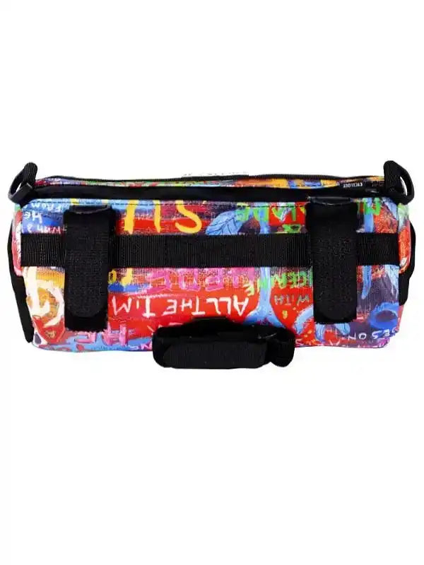 Colorful graffiti-style cycling frame bag with black straps and zippered closure