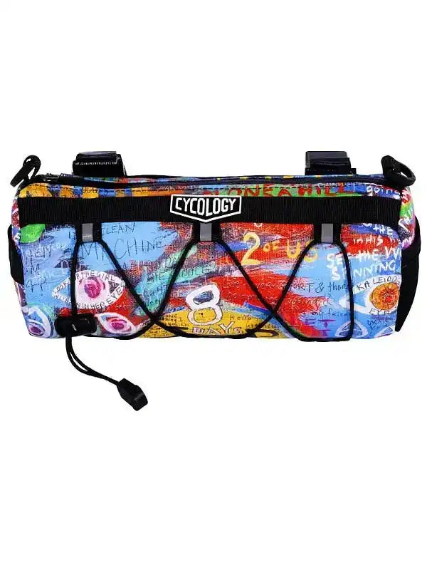 Colorful graffiti-style cycling frame bag with 'Cycology' logo, perfect for bike adventures