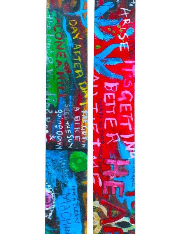 Vibrant abstract cycling jersey with bold text art, colorful graffiti-style design for men and women
