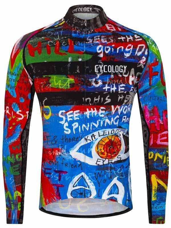 Men's long sleeve cycling jersey with vibrant graffiti art design, bold colors and text graphics