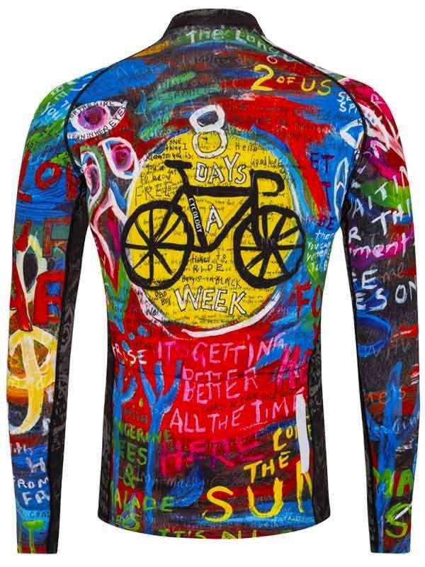 Colorful long sleeve cycling jersey with graffiti art, bike graphic, and motivational text for men and women riders.