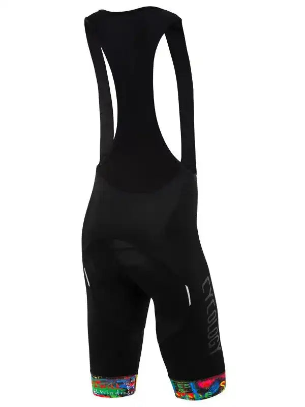 Black women's cycling bib shorts with colorful hem and back panel design